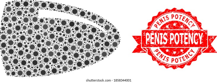 Vector collage bullet of virus, and Penis Potency dirty ribbon stamp seal. Virus elements inside bullet collage. Red stamp seal has Penis Potency text inside ribbon.