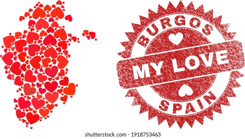 Vector collage Burgos Province map of lovely heart items and grunge My Love seal. Collage geographic Burgos Province map designed with lovely hearts.
