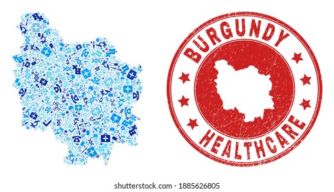 Vektorgrafik der Provinz Burgund mit Symbolen für die Behandlung, Krankenhaussymbolen und einem Wasserzeichen für das Gesundheitswesen. Rotes rundes Wasserzeichen mit grunge Kautschuk Textur und Landkarte der Provinz Burgund.