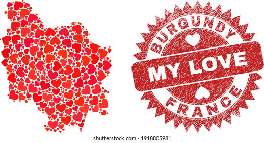 Collage vectorial de la provincia de Borgoña, mapa de adorables elementos cardíacos y estampado de My Love. Mapa de la provincia de Borgoña geográfico de collage diseñado con corazones valentinos.