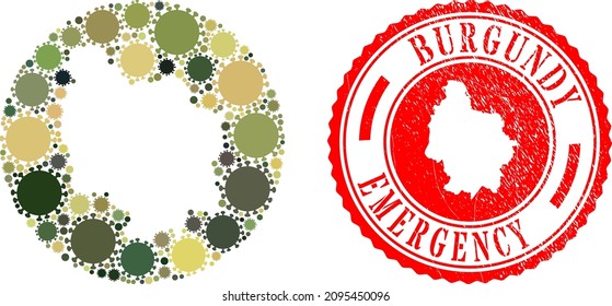 Vector collage Burgundy Province map of covid icons and grunge EMERGENCY stamp.