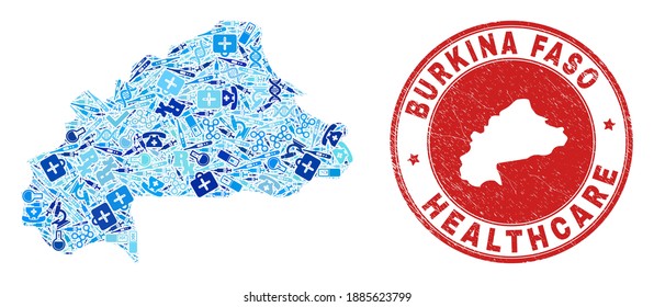 Vector collage Burkina Faso map of treatment icons, hospital symbols, and grunge healthcare seal stamp. Red round seal with grunge rubber texture and Burkina Faso map word and map.