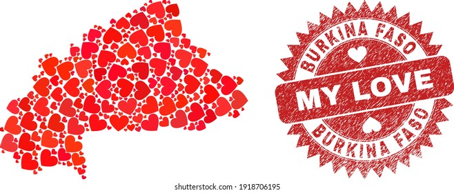 Vector collage Burkina Faso map of lovely heart elements and grunge My Love badge. Collage geographic Burkina Faso map created using love hearts.