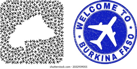 Vector collage Burkina Faso map of air fly elements and grunge Welcome seal. Collage geographic Burkina Faso map created as carved shape from rounded square shape using air transport.