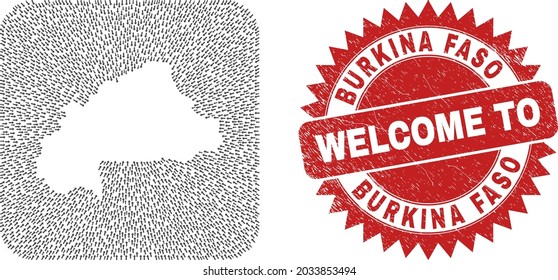 Vector collage Burkina Faso map of pointing arrows and rubber Welcome stamp. Collage geographic Burkina Faso map constructed as hole from rounded square shape using straight arrows.