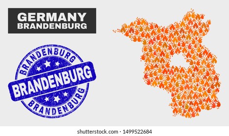 Vector collage of burn Brandenburg Land map and blue rounded textured Brandenburg stamp. Orange Brandenburg Land map mosaic of flame icons. Vector collage for safety services,