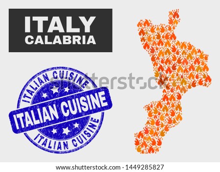 Vector collage of burn Calabria region map and blue rounded grunge Italian Cuisine stamp. Orange Calabria region map mosaic of fire symbols. Vector composition for fire protection services,