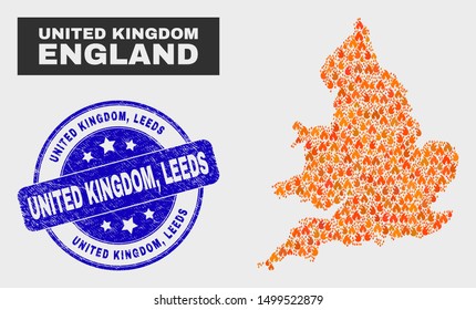 Vector collage of burn England map and blue round textured United Kingdom, Leeds seal stamp. Orange England map mosaic of flame elements. Vector collage for emergency services, and United Kingdom,