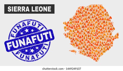 Vector collage of burn Sierra Leone map and blue rounded distress Funafuti seal. Fiery Sierra Leone map mosaic of fire symbols. Vector collage for safety services, and Funafuti seal.