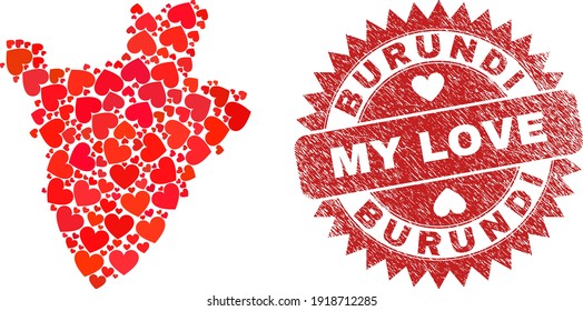 Vector collage Burundi map of lovely heart elements and grunge My Love seal. Collage geographic Burundi map constructed with lovely hearts.
