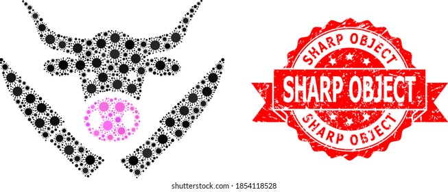Vector collage butchery knives of flu virus, and Sharp Object corroded ribbon stamp seal. Virus cells inside butchery knives collage. Red seal contains Sharp Object caption inside ribbon.