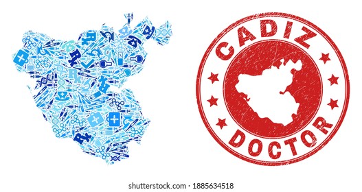 Vektor sammelt Landkarte der Provinz Cadiz mit Symbolen für medizinische Versorgung, Quellenzeichen und Grunge-Gesundheitsstempel. Roter Rundstempel mit grunge Kautschuk Textur und Landkarte der Provinz Cadiz.