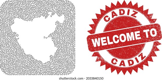 Vector collage Cadiz Province map of pointing arrows and rubber Welcome badge. Mosaic geographic Cadiz Province map designed as carved shape from rounded square shape with movement arrows.