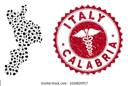 Vector collage Calabria region map and red rounded rubber stamp watermark with medical icon. Calabria region map collage formed with ellipse elements. Red round medical stamp, with dirty texture.