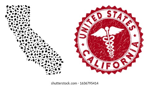 Vector collage California map and red rounded corroded stamp watermark with medical sign. California map collage formed with ellipse elements. Red round clinic watermark, with grunge texture.