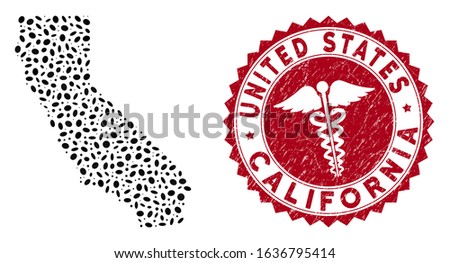 Vector collage California map and red rounded corroded stamp watermark with medical sign. California map collage formed with ellipse elements. Red round clinic watermark, with grunge texture.