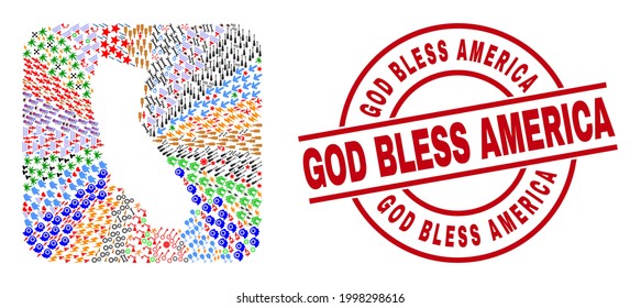 Vector collage California State map of different pictograms and God Bless America stamp. Collage California State map designed as hole from rounded square shape.