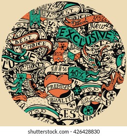 Vector collage of calligraphic design elements in the circle