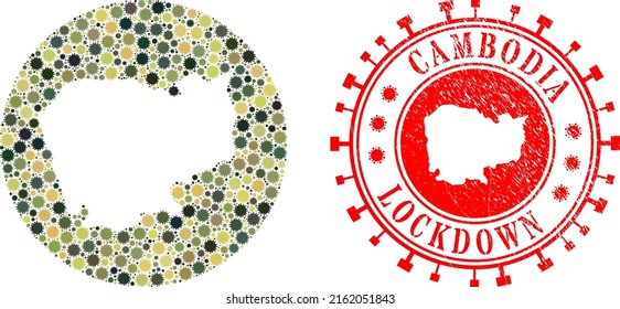 Vector collage Cambodia map of flu virus items and grunge LOCKDOWN seal stamp. Mosaic geographic Cambodia map designed as stencil from round shape with flu virus items in camo military colors.