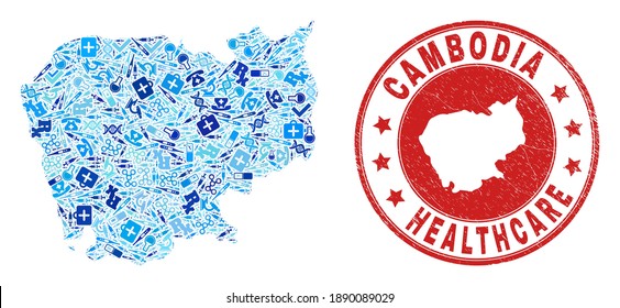 Vector collage Cambodia map with vaccine icons, hospital symbols, and grunge doctor watermark. Red round seal with grunge rubber texture and Cambodia map caption and map.