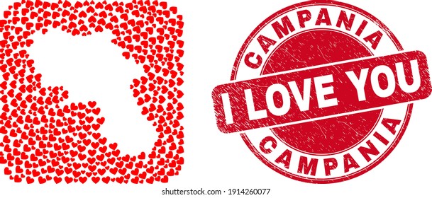 Vector collage Campania region map of love heart elements and grunge love seal stamp. Collage geographic Campania region map created as carved shape from rounded square with love hearts.