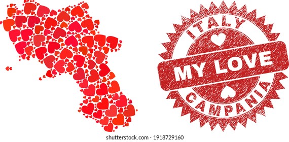 Vector collage Campania region map of love heart elements and grunge My Love seal stamp. Collage geographic Campania region map designed with love hearts.