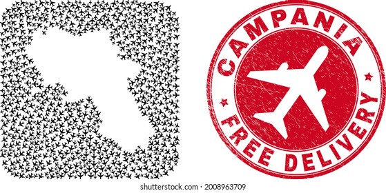 Vector collage Campania region map of air force items and grunge Free Delivery seal stamp. Collage geographic Campania region map created as stencil from rounded square with shipping jet vehicles.