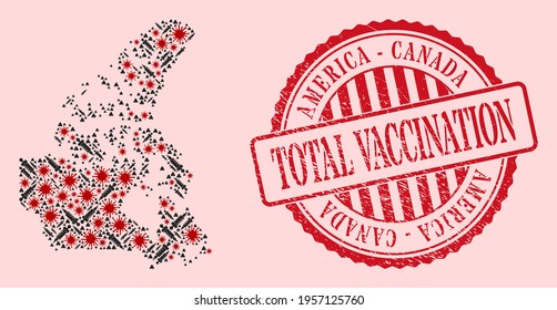 Vector collage Canada v2 map of covid-2019 virus, treatment icons, and red grunge vaccination stamp. Virus cells and treatment needles inside Canada v2 map.