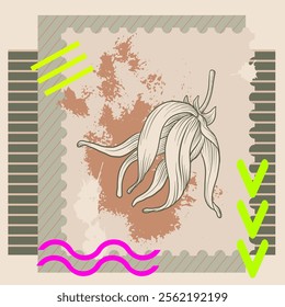 vector collage with cananga tree flower, ylang-ylang and neon color elements,, creative composition with sketch of owl and butterfly