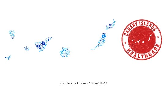 Vector collage Canary Islands map with healthcare icons, laboratory symbols, and grunge doctor rubber imitation. Red round seal with grunge rubber texture and Canary Islands map caption and map.