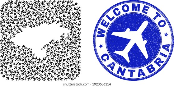 Vector collage Cantabria Province map of airline items and grunge Welcome seal stamp. Collage geographic Cantabria Province map created as carved shape from rounded square shape with airports.