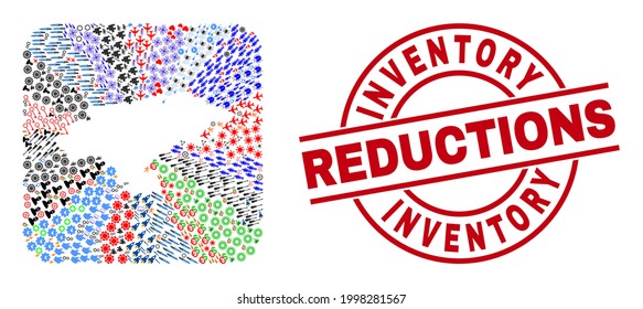 Vector collage Cantabria Province map of different icons and Inventory Reductions seal. Collage Cantabria Province map created as carved shape from rounded square.