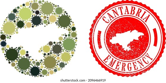 Vector collage Cantabria Province map of covid infection icons and grunge EMERGENCY stamp.