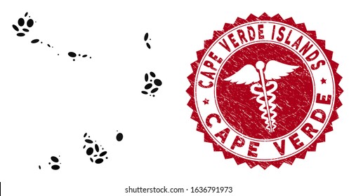 Vector collage Cape Verde Islands map and red rounded corroded stamp seal with serpents sign. Cape Verde Islands map collage formed with oval items. Red rounded serpents seal stamp,
