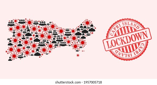 Vektor sammelt Capri Island Karte des SARS-Virus, maskierte Männer und roten Schornstempel. Virusartikel und Männer in Masken auf der Karte von Capri Island.