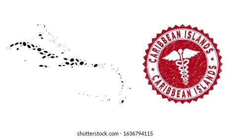 Vector collage Caribbean Islands map and red round corroded stamp seal with medic icon. Caribbean Islands map collage composed with elliptic elements. Red round health care seal stamp,