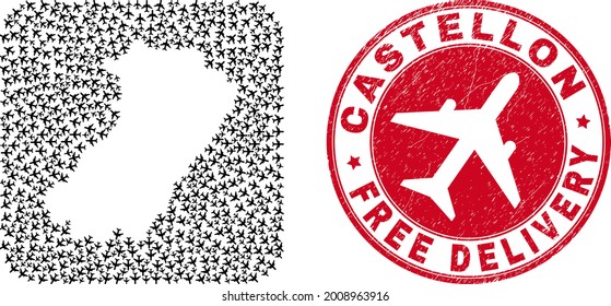 Vector collage Castellon Province map of aviation elements and grunge Free Delivery seal stamp.