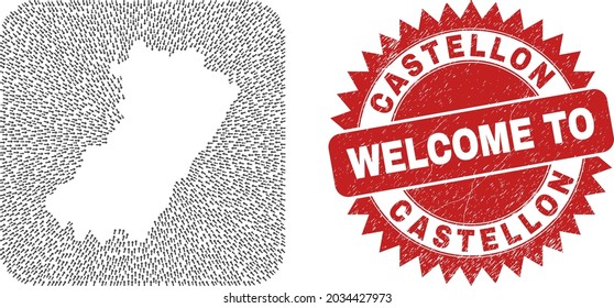 Vector collage Castellon Province map of straight arrows and scratched Welcome seal stamp.