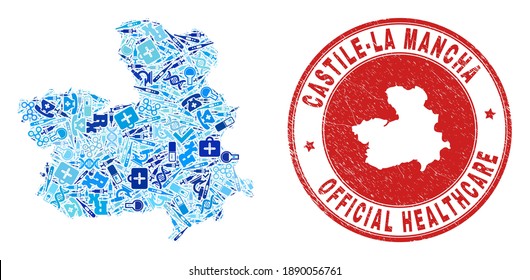 Vector collage Castile-La Mancha Province map with healthcare icons, test symbols, and grunge healthcare stamp.