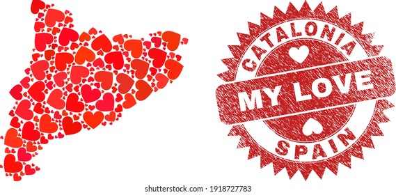 Vector collage Catalonia map of love heart elements and grunge My Love badge. Collage geographic Catalonia map created with love hearts.