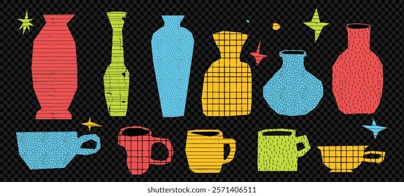 Vector collage of ceramic vase, cup, and paper elements with naive texture and childish cutout style. Retro magazine abstract design featuring paper sparkleand star. 