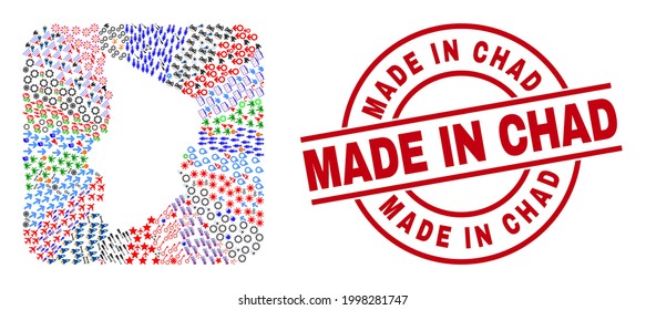 Vector collage Chad map of different pictograms and Made in Chad seal. Collage Chad map designed as carved shape from rounded square shape. Red round imprint with Made in Chad text.