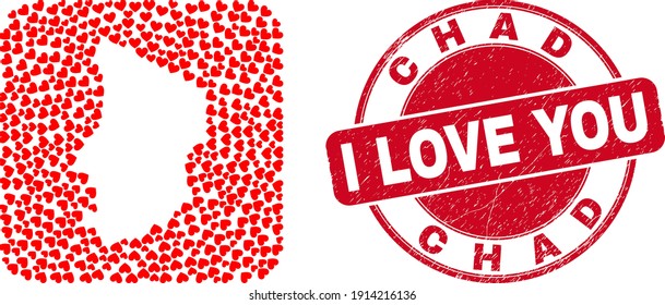 Vector collage Chad map of love heart items and grunge love seal stamp. Collage geographic Chad map constructed as stencil from rounded square shape with love hearts.