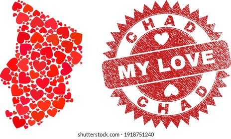 Vector collage Chad map of valentine heart items and grunge My Love seal. Collage geographic Chad map created using love hearts. Red rosette seal with corroded rubber texture and my love caption.
