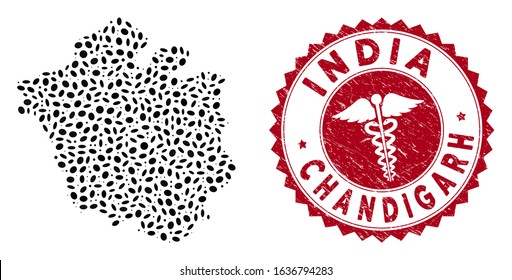 Vector collage Chandigarh City map and red rounded grunge stamp seal with doctor symbol. Chandigarh City map collage formed with oval spots. Red rounded medic watermark, with grunge texture.