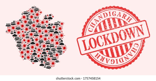Vector collage Chandigarh City map of SARS virus, masked people and red grunge lockdown stamp. Virus cells and men in masks inside Chandigarh City map.