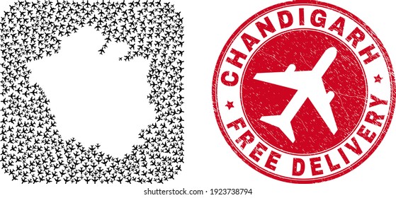 Vector collage Chandigarh City map of airplane items and grunge Free Delivery seal. Collage geographic Chandigarh City map constructed as hole from rounded square shape with coming out aviation items.