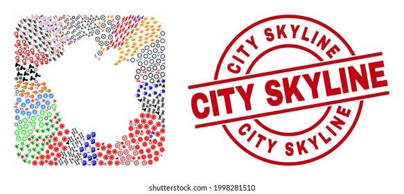 Vector collage Chandigarh City map of different pictograms and City Skyline seal stamp. Collage Chandigarh City map created as subtraction from rounded square. Red round badge with City Skyline word.