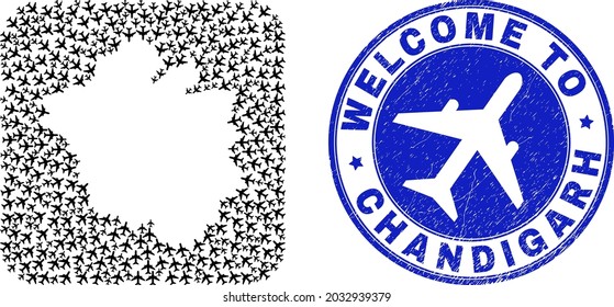 Vector collage Chandigarh City map of air plane elements and grunge Welcome seal stamp. Collage geographic Chandigarh City map designed as hole from rounded square shape with air planes.