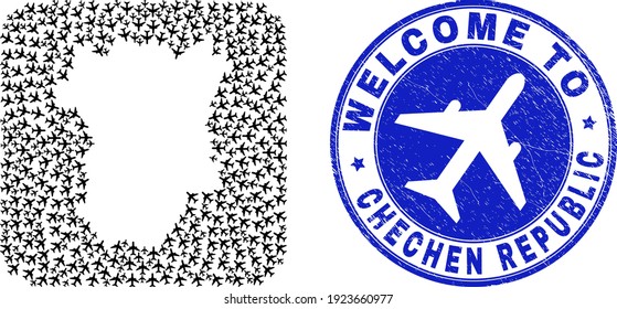 Vector collage Chechen Republic map of airways items and grunge Welcome seal stamp. Collage geographic Chechen Republic map designed as carved shape from rounded square using airliners.